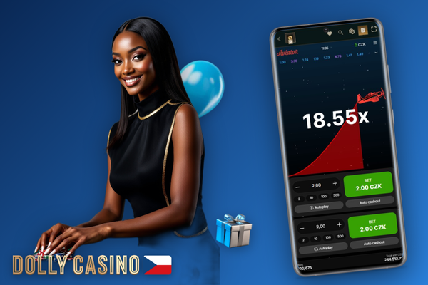 Dolly Casino Aviator app na smartphonu – křivka multiplikátoru a tlačítko Cash Out