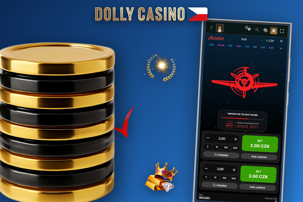 Ovládací panel Aviator v Dolly Casino: sázka v CZK, tlačítko Cash Out a auto-bet