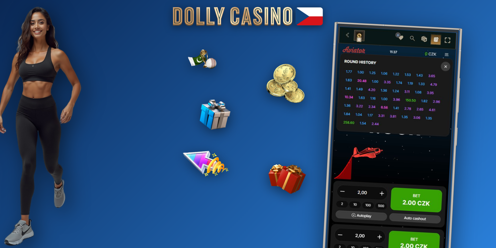 Herní rozhraní Aviator online v Dolly Casino s rostoucí křivkou a historií kol