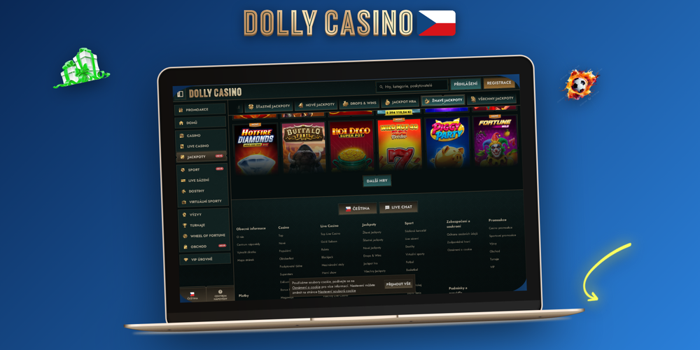 Dolly Casino desktop verze s katalogem slotů a tlačítkem Pokladna v tmavém rozhraní