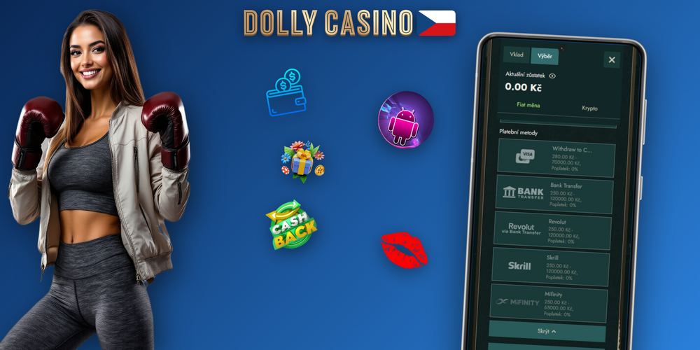 Stylizovaná pokladna Dolly Casino s polem pro výběr částky v CZK